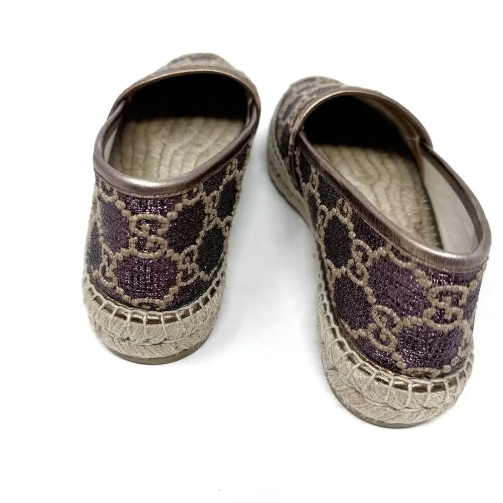 Gucci GG Logo Lurex Lamé Espadrilles Brown Beige Monogram Flats EU 37.5 US 7.5 - Picture 6 of 14